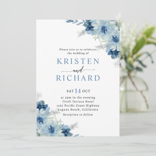 Dusty Blue en Sage Green Bruiloft Kaart (Staand voorkant)