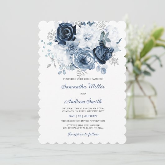 Dusty Blue en Silver bruiloft uitnodiging (Staand voorkant)