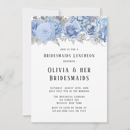 Dusty Blue en Silver Floral Bridesmaides Luncheon Kaart (Voorkant)