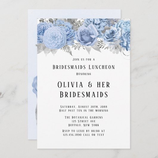 Dusty Blue en Silver Floral Bridesmaides Luncheon Kaart (Voorkant / Achterkant)