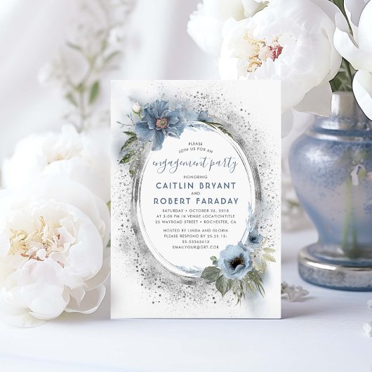 Dusty Blue en Silver Floral Engagement Party Kaart