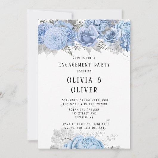 Dusty Blue en Silver Floral Engagement Party Kaart (Voorkant)