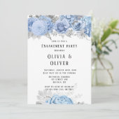 Dusty Blue en Silver Floral Engagement Party Kaart (Staand voorkant)