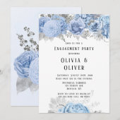 Dusty Blue en Silver Floral Engagement Party Kaart (Voorkant / Achterkant)