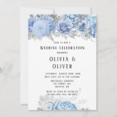 Dusty Blue en Silver Floral Wedding Kaart (Voorkant)