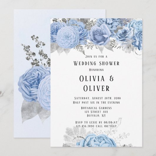 Dusty Blue en Silver Floral Wedding Shower Invita Kaart (Voorkant / Achterkant)