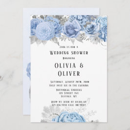 Dusty Blue en Silver Floral Wedding Shower Invita Kaart