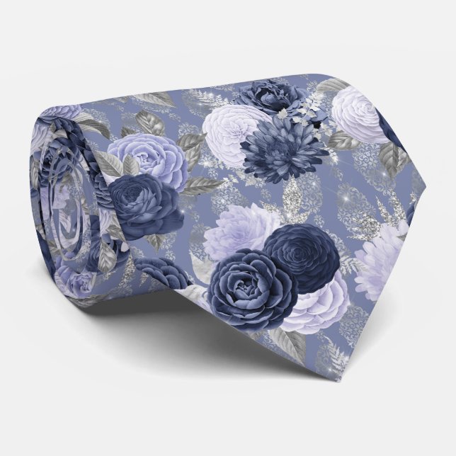 Dusty Blue en Silver Floral Wedding Stropdas (Opgerold)