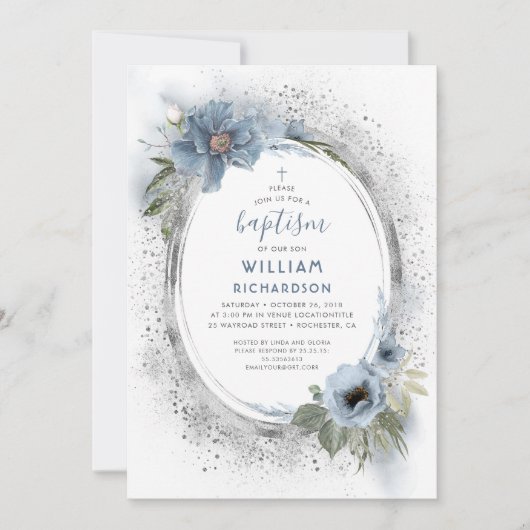 Dusty Blue en Silver Glitter Baptisme Kaart (Voorkant)