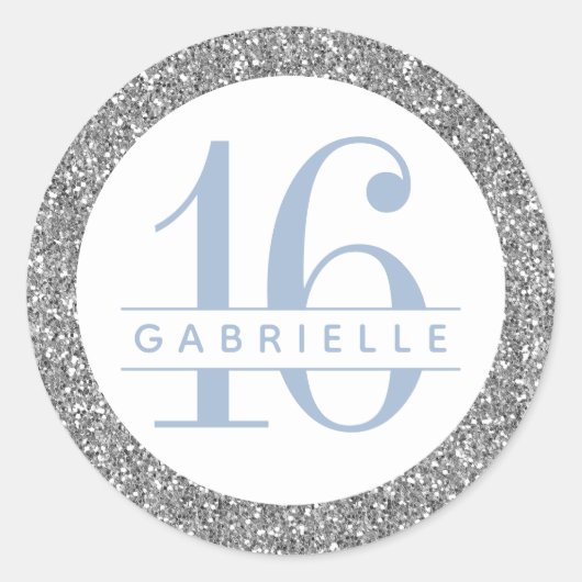 Dusty Blue en Silver Glitter Birthday Favor Ronde Sticker (Voorkant)