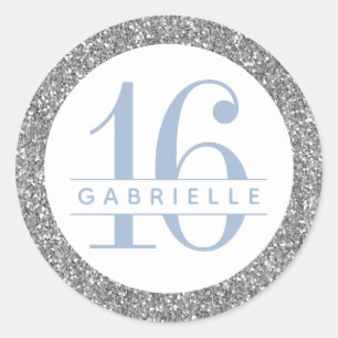 Dusty Blue en Silver Glitter Birthday Favor Ronde Sticker