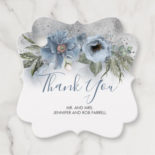 Dusty Blue en Silver Glitter Elegant Floral Bedankjes Labels (Voorkant)