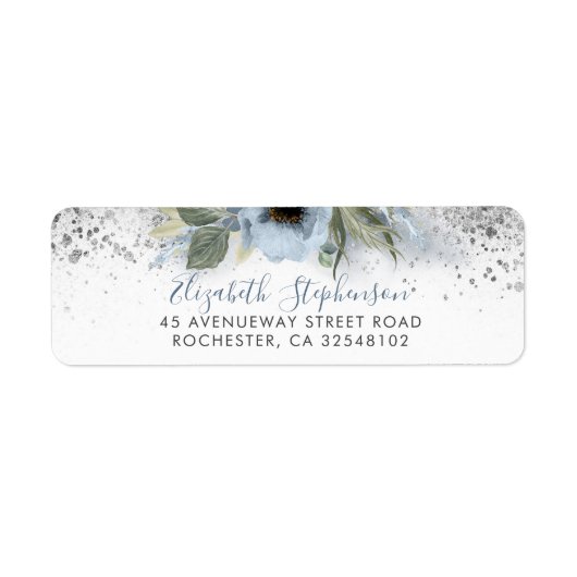Dusty Blue en Silver Glitter Floral Trendy Etiket (Voorkant)