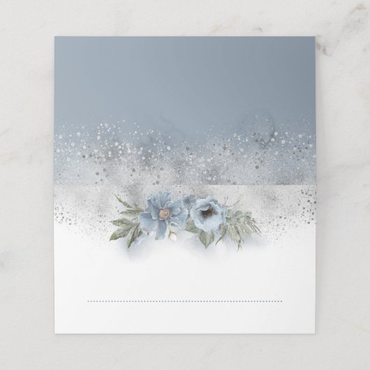 Dusty Blue en Silver Glitter Floral Wedding Plaatskaartje (Buitenkant ongevouwen)