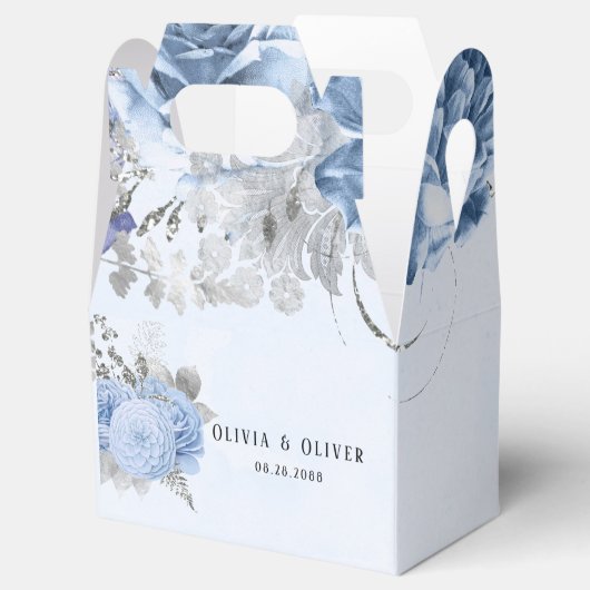 Dusty Blue en Silver Glitter Florals Wedding Bedankdoosjes (Geopend)