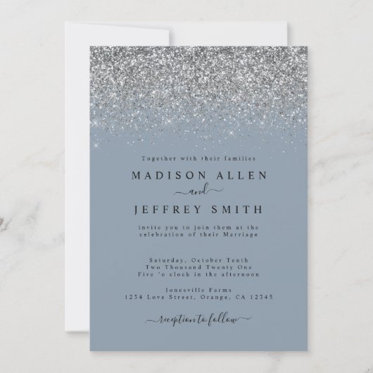 Dusty Blue en Silver Glitter Wedding Invitation Aankondiging (Voorkant)