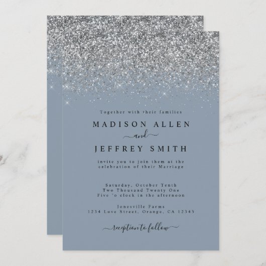 Dusty Blue en Silver Glitter Wedding Invitation Aankondiging (Voorkant / Achterkant)