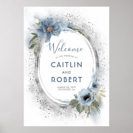 Dusty Blue en Silver Glitter Wedding Sign Poster