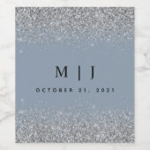Dusty Blue en Silver Glitter Wedding Wijn Etiket (Enkel label)