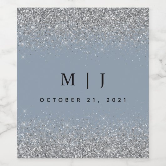 Dusty Blue en Silver Glitter Wedding Wijn Etiket (Enkel label)
