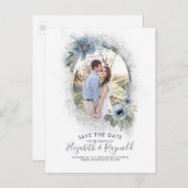 Dusty Blue en Silver Photo Save the Date Aankondigingskaart (Voorkant / Achterkant)