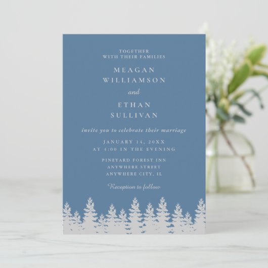 Dusty Blue en Silver Pine Trees Winter Wedding Kaart (Staand voorkant)