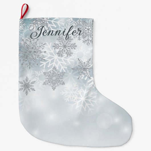 Dusty Blue en Silver Snowflake kerststooking Grote Kerstsok (Voorkant)