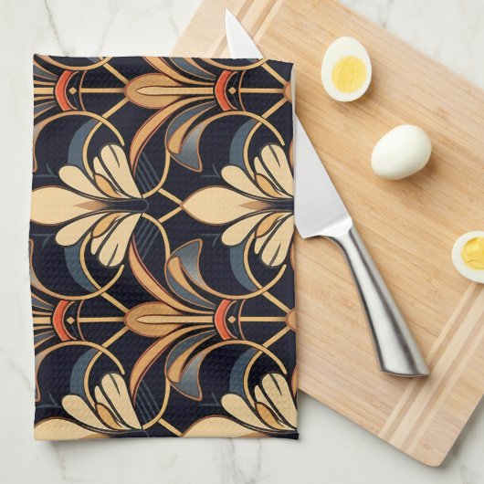 Dusty Blue en Sinaasappel Art Deco Theedoek (Quarter Fold)