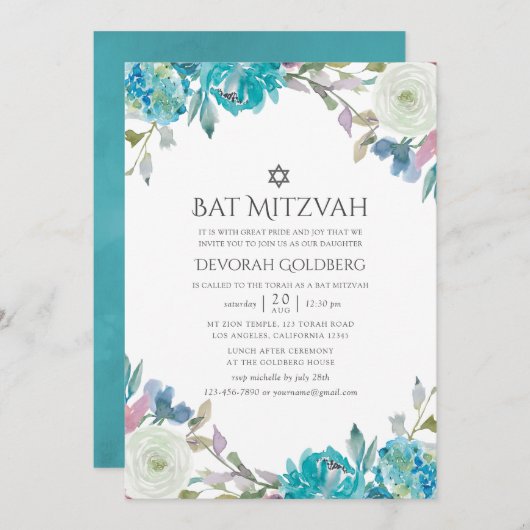 Dusty Blue en Turquoise Floral Bat Mitzvah Kaart (Voorkant / Achterkant)