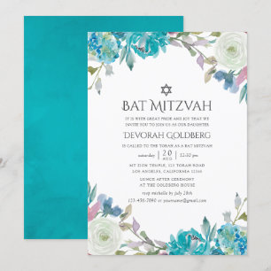 Dusty Blue en Turquoise Floral Bat Mitzvah Kaart