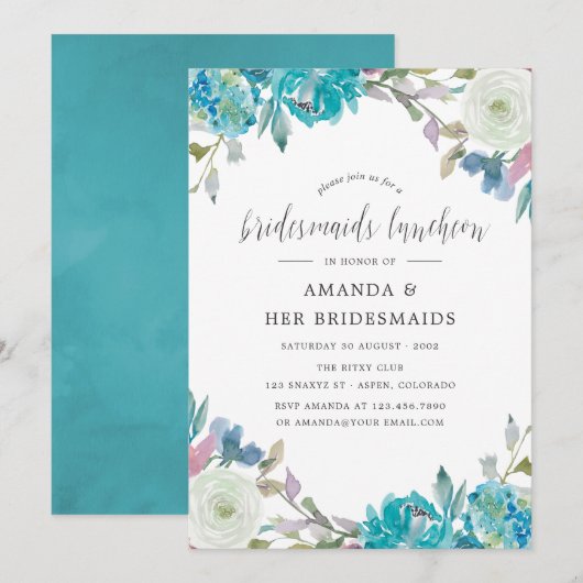 Dusty Blue en Turquoise Floral Bridesmaids Luncheo Kaart (Voorkant / Achterkant)