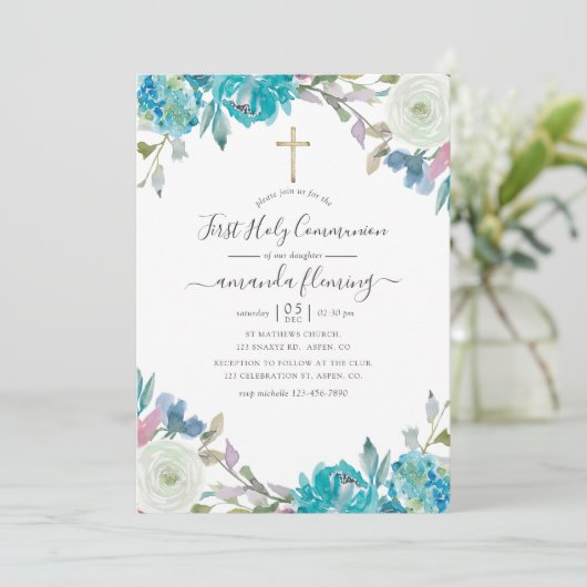 Dusty Blue en Turquoise Floral Heilige Communie Kaart (Staand voorkant)