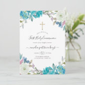 Dusty Blue en Turquoise Floral Heilige Communiv Kaart (Staand voorkant)