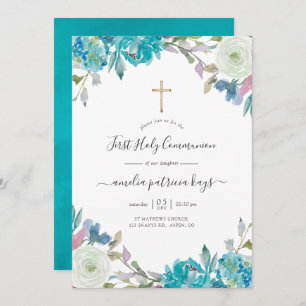 Dusty Blue en Turquoise Floral Heilige Communiv Kaart