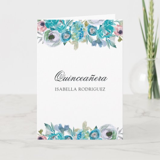 Dusty Blue en Turquoise Floral Quinceañera (Voorkant)