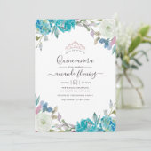 Dusty Blue en Turquoise Floral Quinceañera Kaart (Staand voorkant)