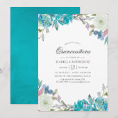 Dusty Blue en Turquoise Floral Quinceañera Kaart (Voorkant / Achterkant)