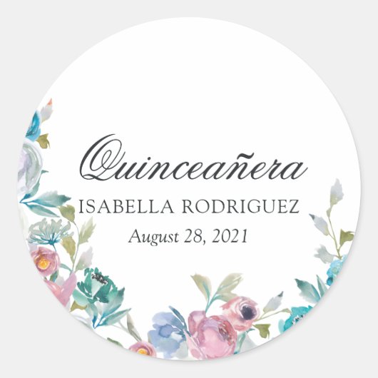 Dusty Blue en Turquoise Floral Quinceañera Ronde Sticker (Voorkant)