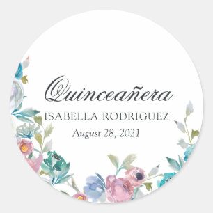 Dusty Blue en Turquoise Floral Quinceañera Ronde Sticker