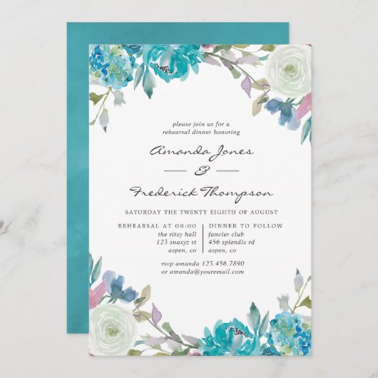 Dusty Blue en Turquoise Floral Rehearsal Dinner Kaart (Voorkant / Achterkant)