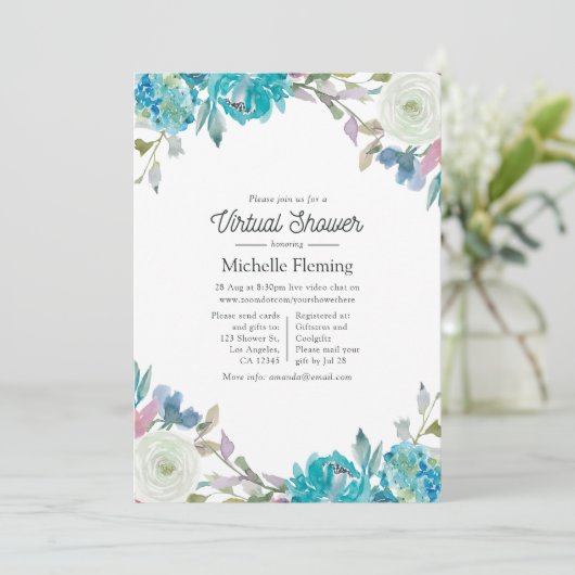 Dusty Blue en Turquoise Floral Virtual Shower Kaart (Staand voorkant)