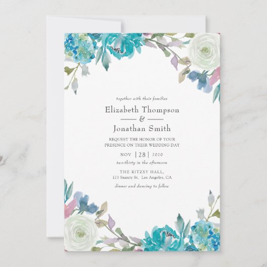 Dusty Blue en Turquoise Floral Wedding Kaart (Voorkant)