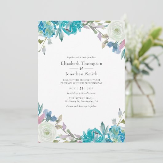 Dusty Blue en Turquoise Floral Wedding Kaart (Staand voorkant)