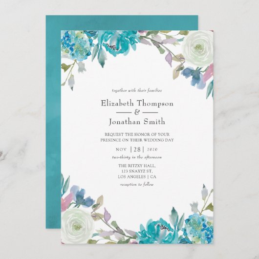 Dusty Blue en Turquoise Floral Wedding Kaart (Voorkant / Achterkant)