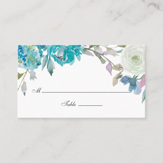 Dusty Blue en Turquoise Floral Wedding Plaatskaartje (Voorkant)