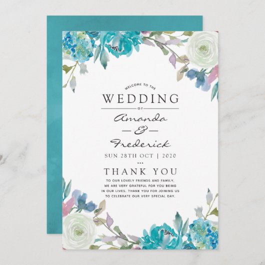 Dusty Blue en Turquoise Floral Wedding Programmakaart (Voorkant / Achterkant)