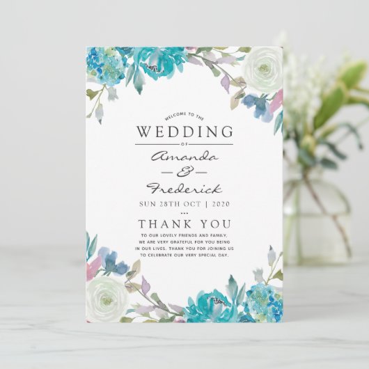 Dusty Blue en Turquoise Floral Wedding Programmakaart (Staand voorkant)
