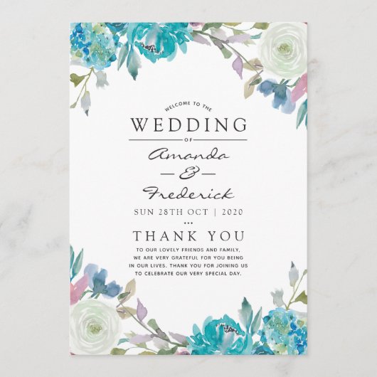 Dusty Blue en Turquoise Floral Wedding Programmakaart (Voorkant)