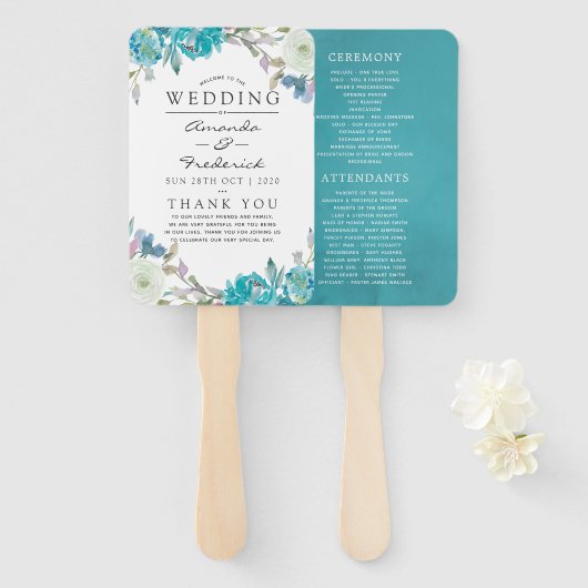 Dusty Blue en Turquoise Floral Wedding Programme Handwaaier (Voorkant en achterkant)