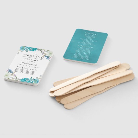Dusty Blue en Turquoise Floral Wedding Programme Handwaaier (Niet-gemonteerd)